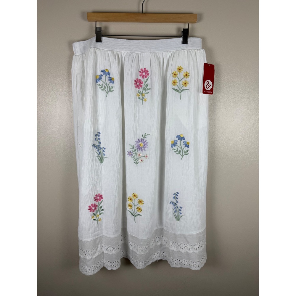 89th & Madison Women's Large Midi Skirt White Floral Embroidered Eyelet Lace